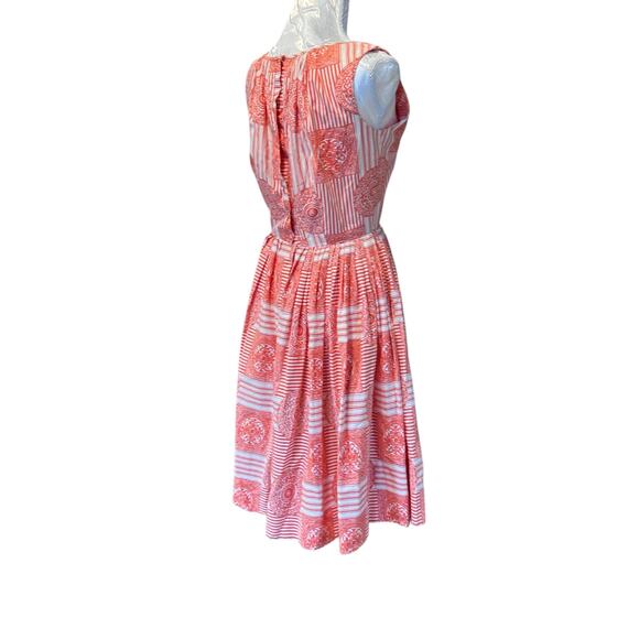 Vintage 1950s Sundress Sz Small Bernie Sobel Orange White Geometric Pleated - Picture 4 of 16